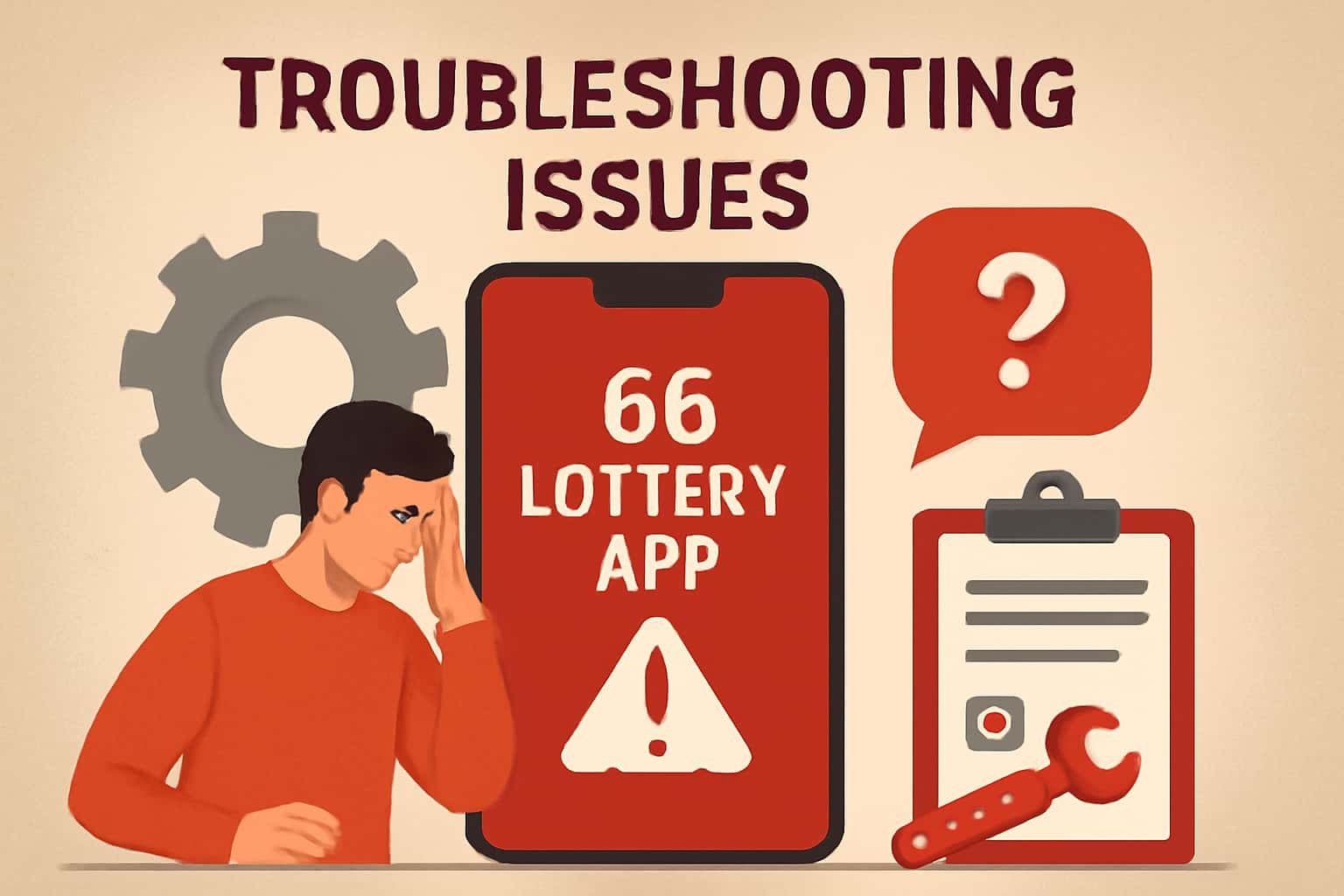 An informative scene depicting troubleshooting issues for the 66 Lottery App with highlighted text.